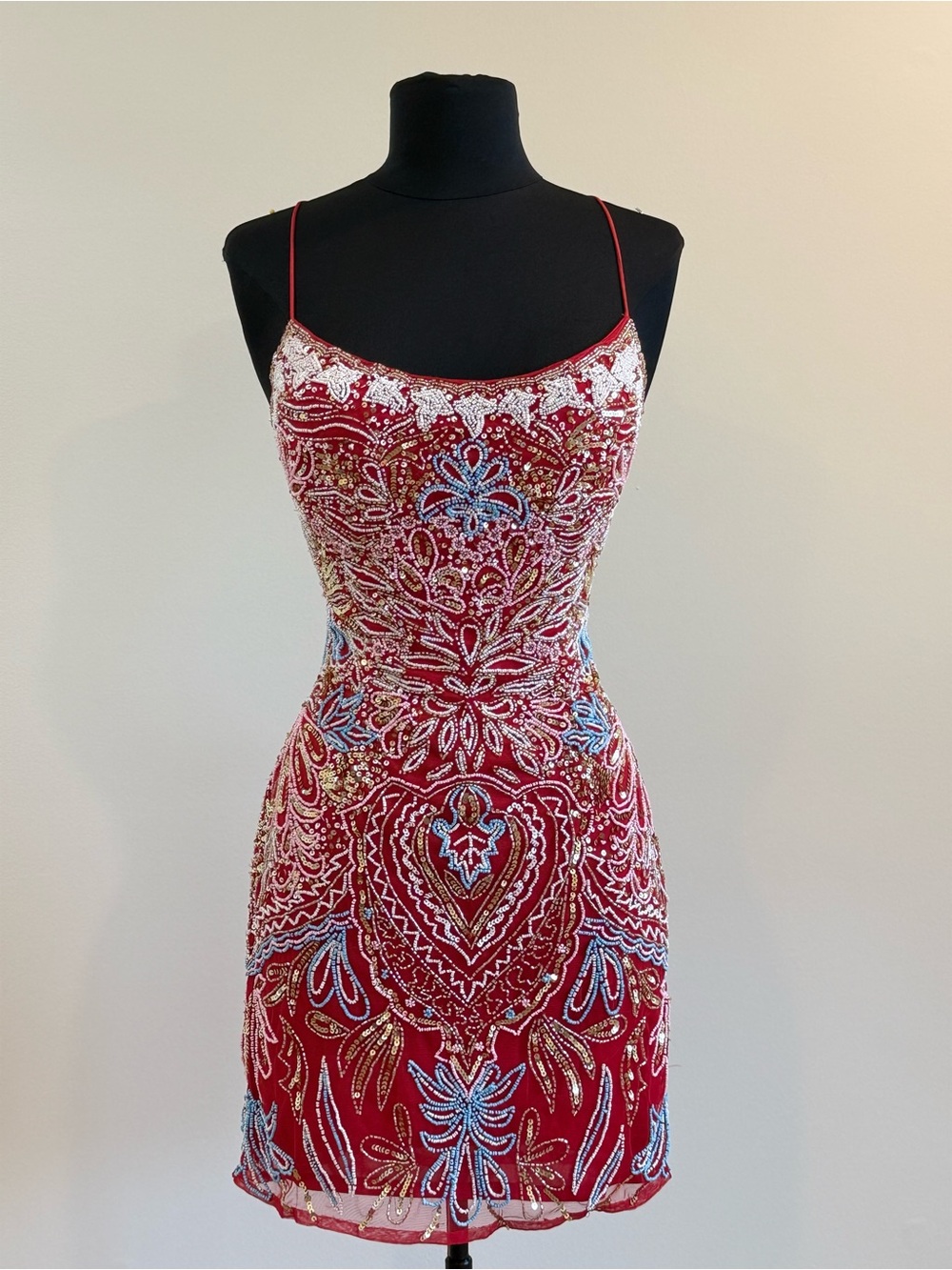 Primavera Couture Red Beaded Embellished Spaghetti-Strap Mini Dress